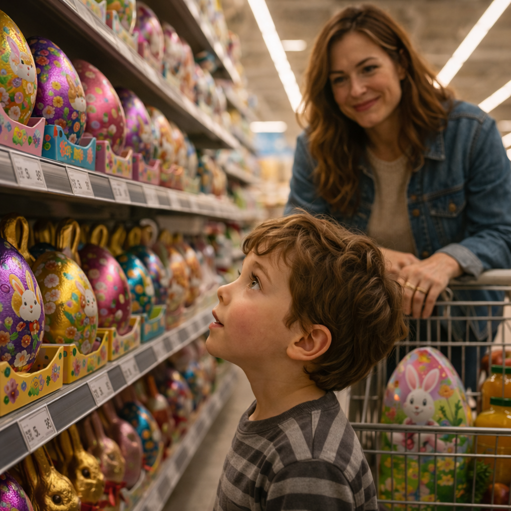 Mother and child in a supermarket Easter aisle